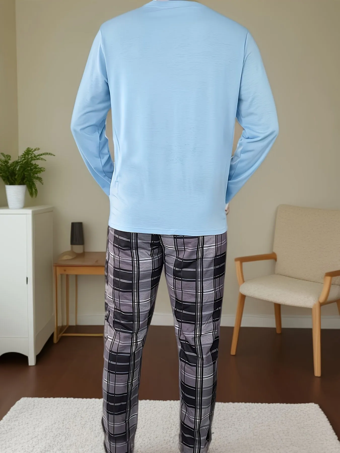 2 Pcs Men's Pajama Sets, Happy Face Pattern Long Sleeves & Plaid Pants, Comfortable & Gentle Style Pajamas For Men's Summer Cozy Loungewear