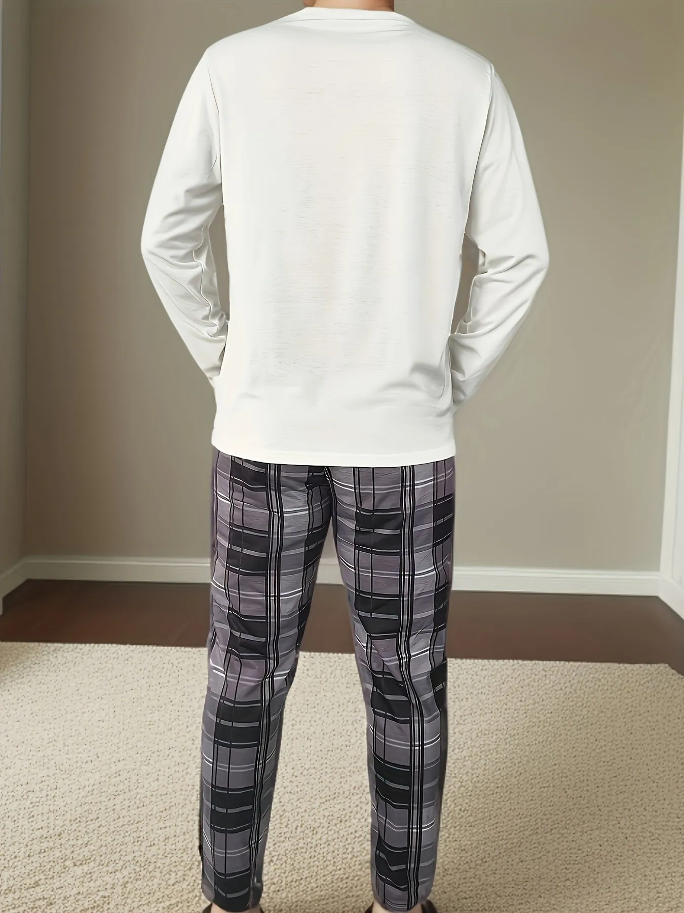 2 Pcs Men's Pajama Sets, Happy Face Pattern Long Sleeves & Plaid Pants, Comfortable & Gentle Style Pajamas For Men's Summer Cozy Loungewear