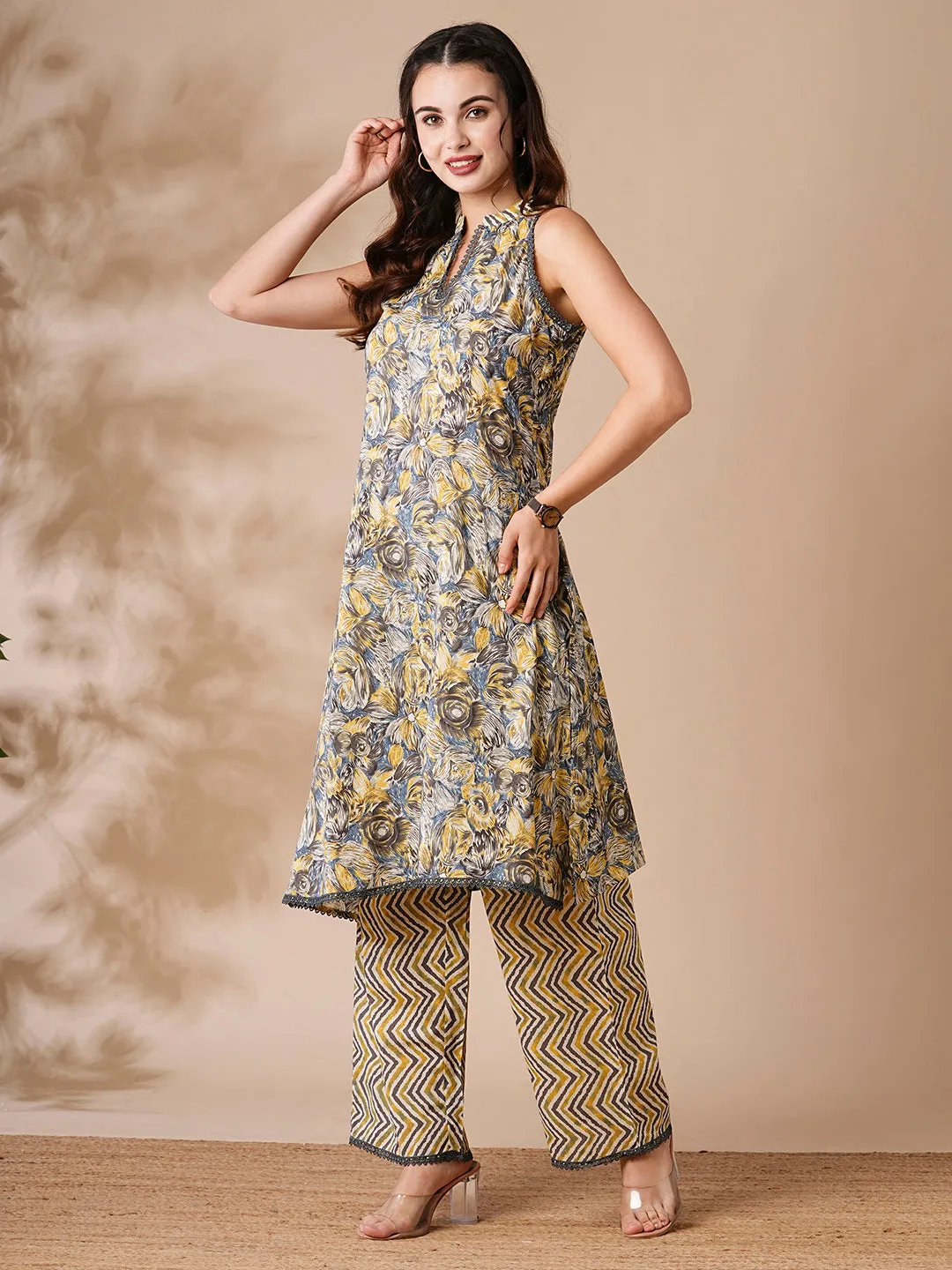 Abstract Floral & Chevron Printed A-Line Kurta with Palazzo - Grey