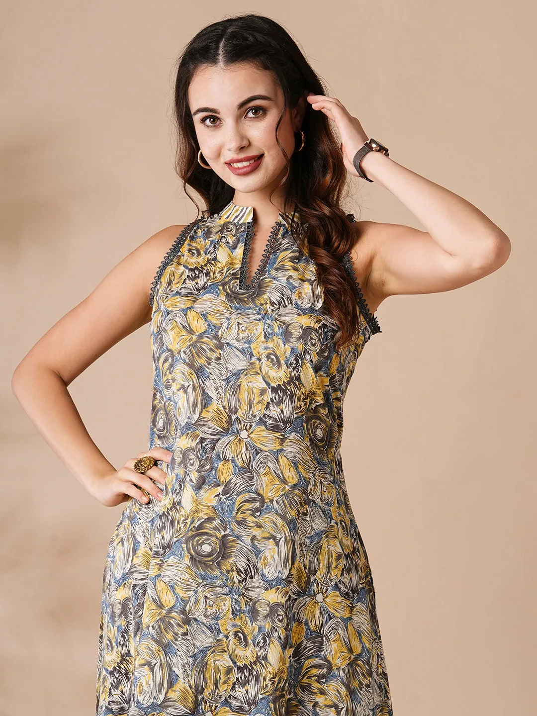 Abstract Floral & Chevron Printed A-Line Kurta with Palazzo - Grey