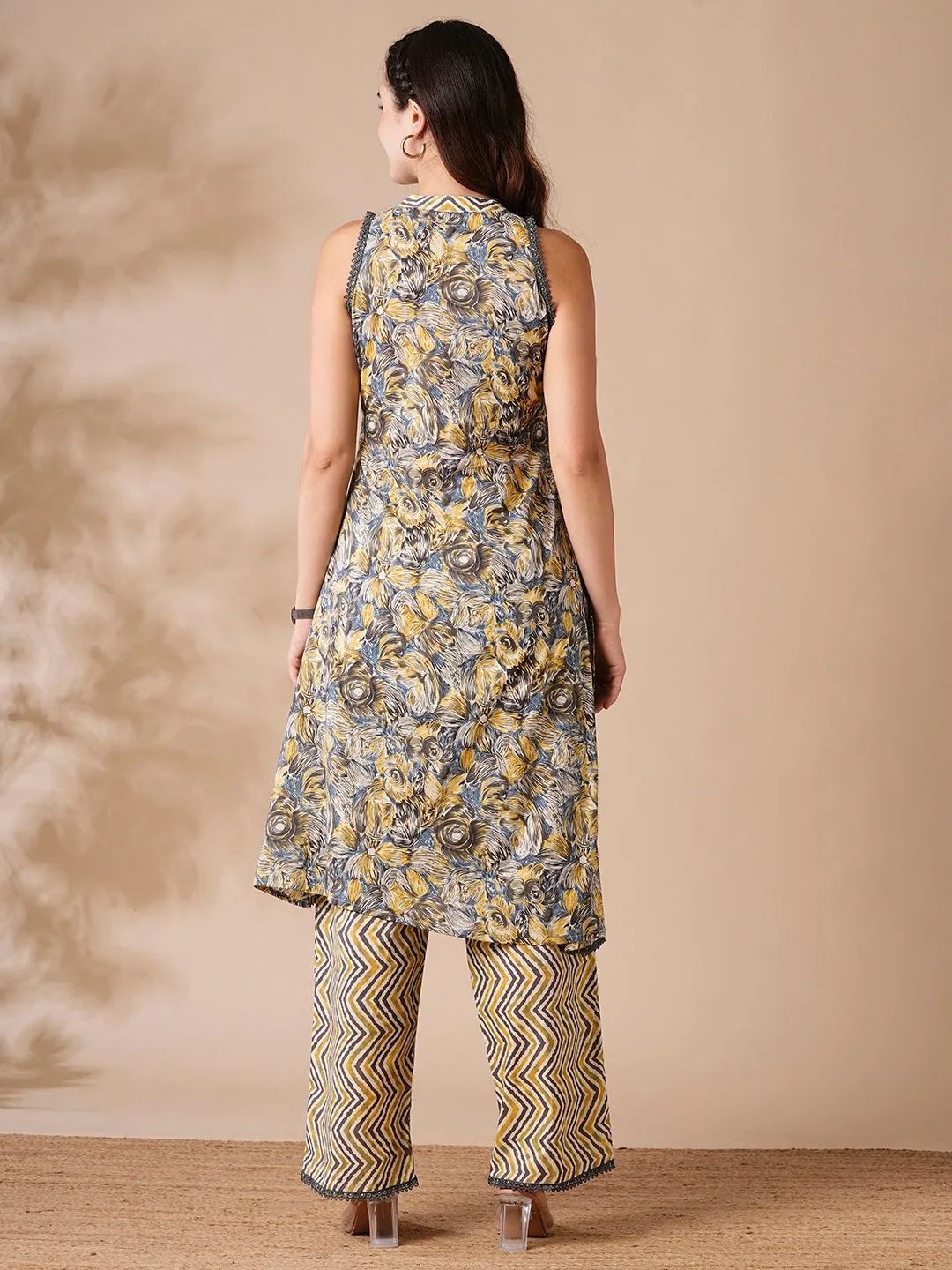 Abstract Floral & Chevron Printed A-Line Kurta with Palazzo - Grey