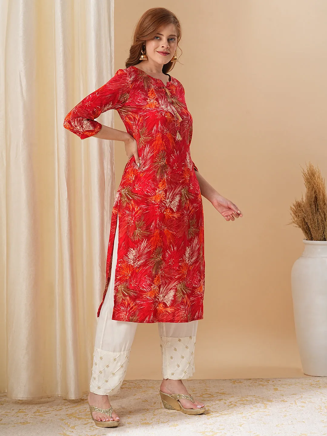 Abstract Floral Foil Printed Straight Fit Kurta - Red