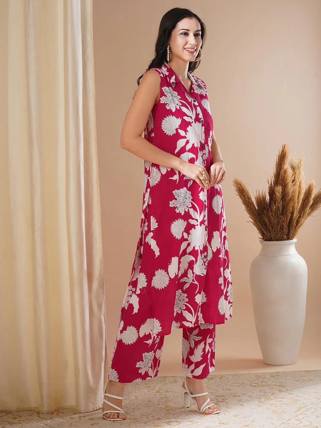 Abstract Floral Printed A-Line Co-ord Set - Pink