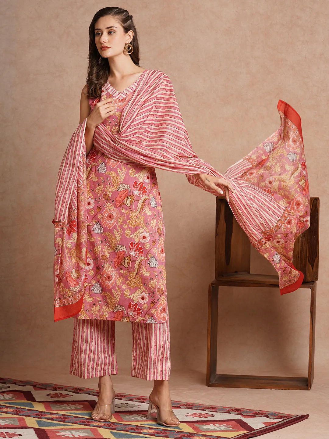 Abstract Floral Printed Straight Fit Kurta with Palazzo & Dupatta - Pink