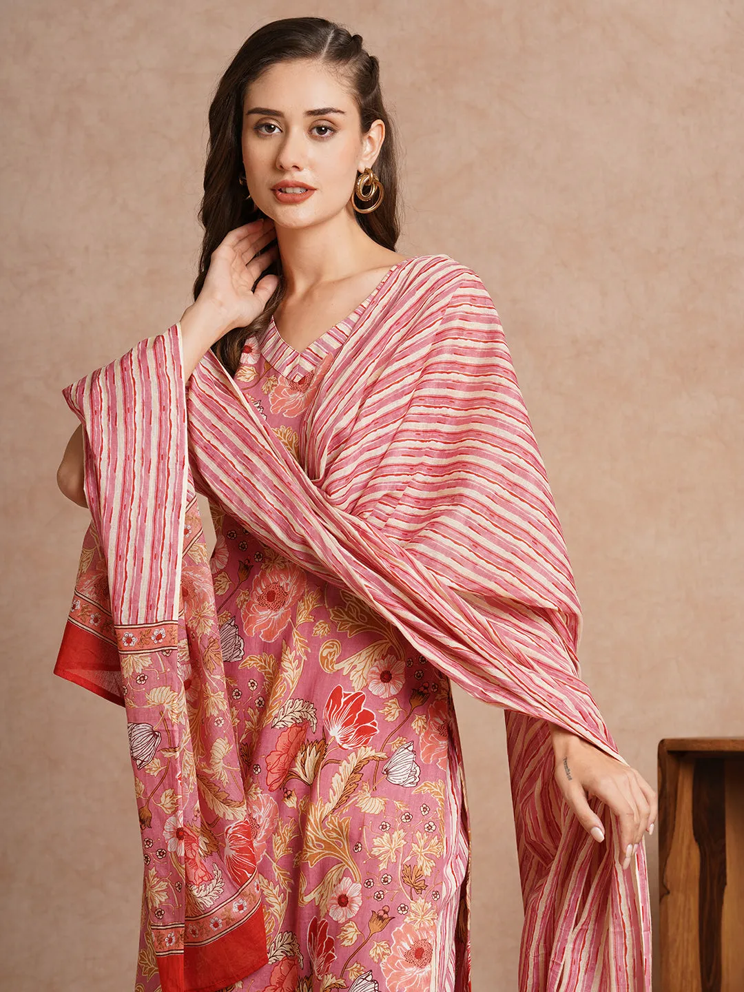 Abstract Floral Printed Straight Fit Kurta with Palazzo & Dupatta - Pink