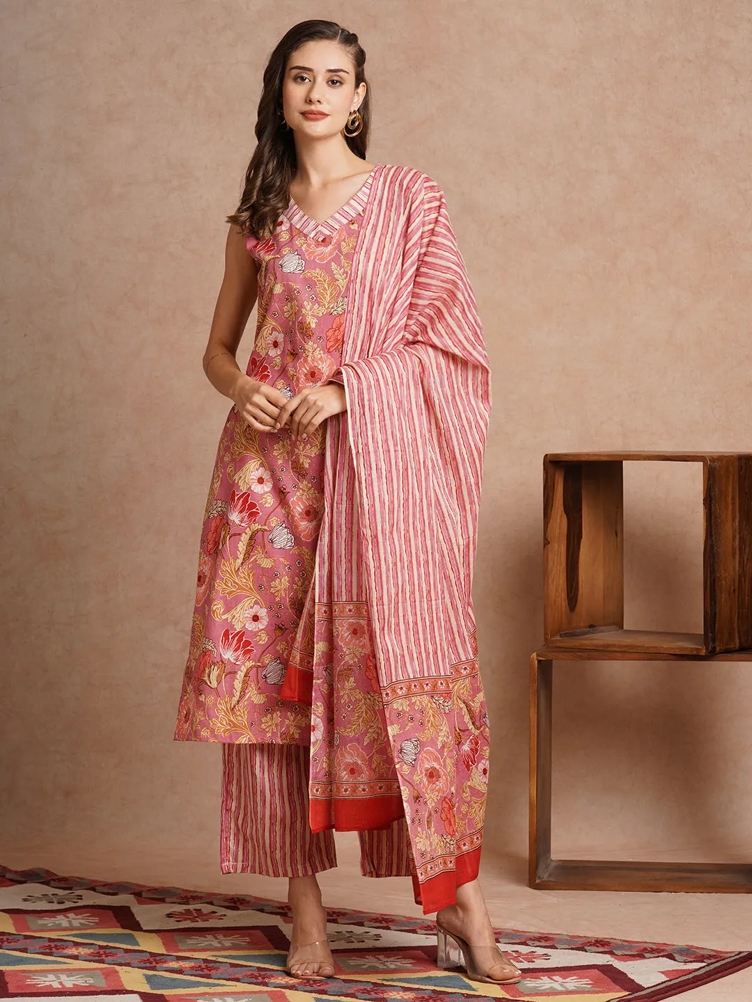 Abstract Floral Printed Straight Fit Kurta with Palazzo & Dupatta - Pink