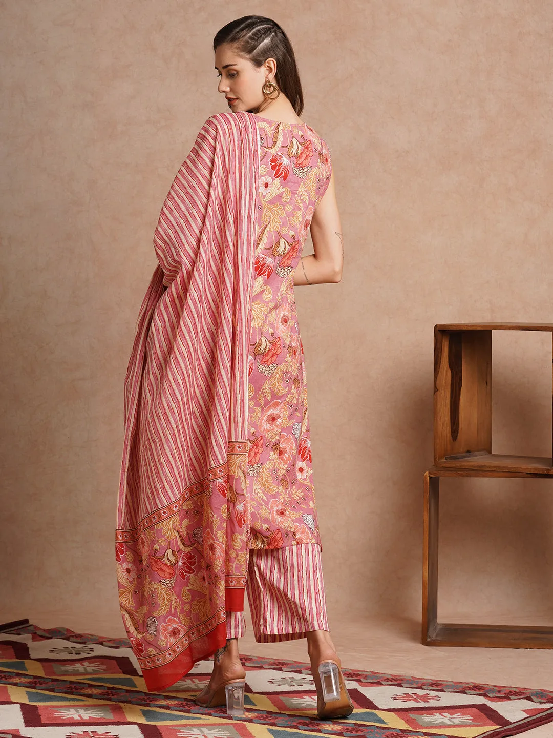 Abstract Floral Printed Straight Fit Kurta with Palazzo & Dupatta - Pink