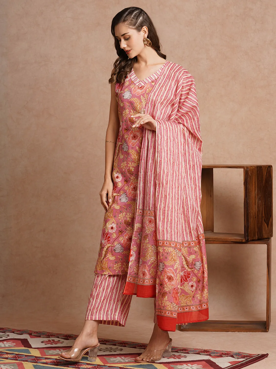 Abstract Floral Printed Straight Fit Kurta with Palazzo & Dupatta - Pink