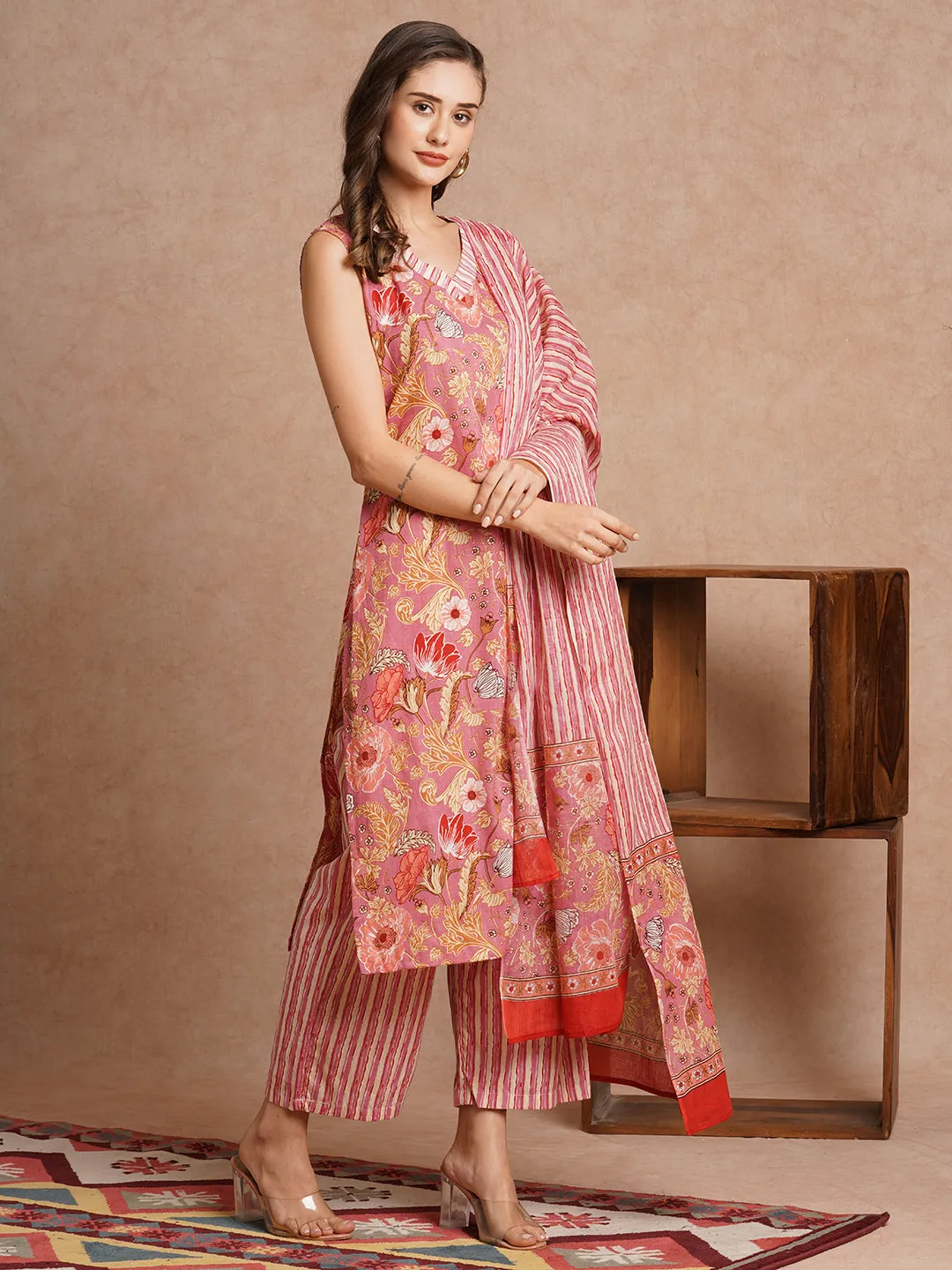 Abstract Floral Printed Straight Fit Kurta with Palazzo & Dupatta - Pink