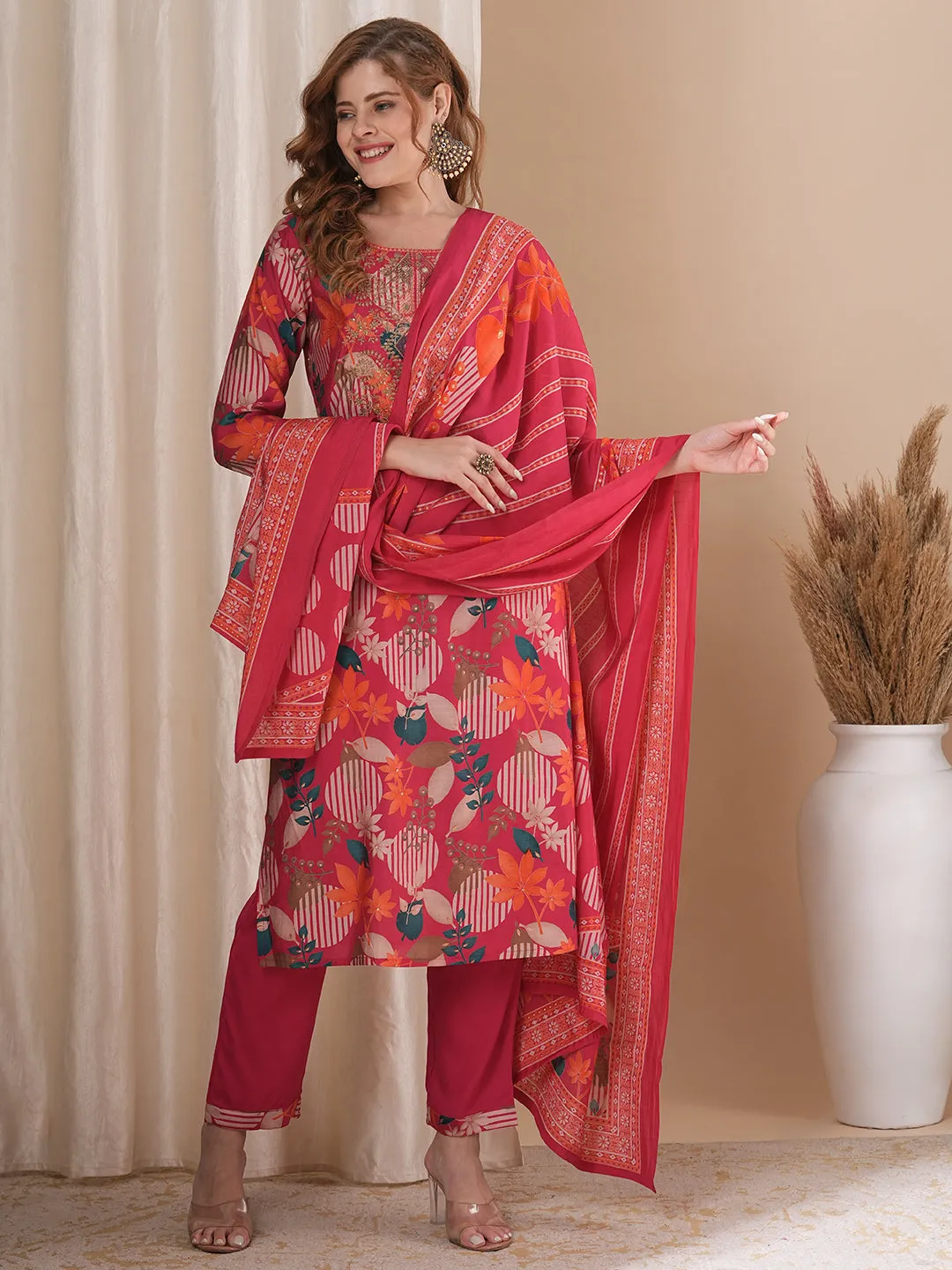 Abstract Floral Printed Straight Kurta with Pant & Dupatta - Pink