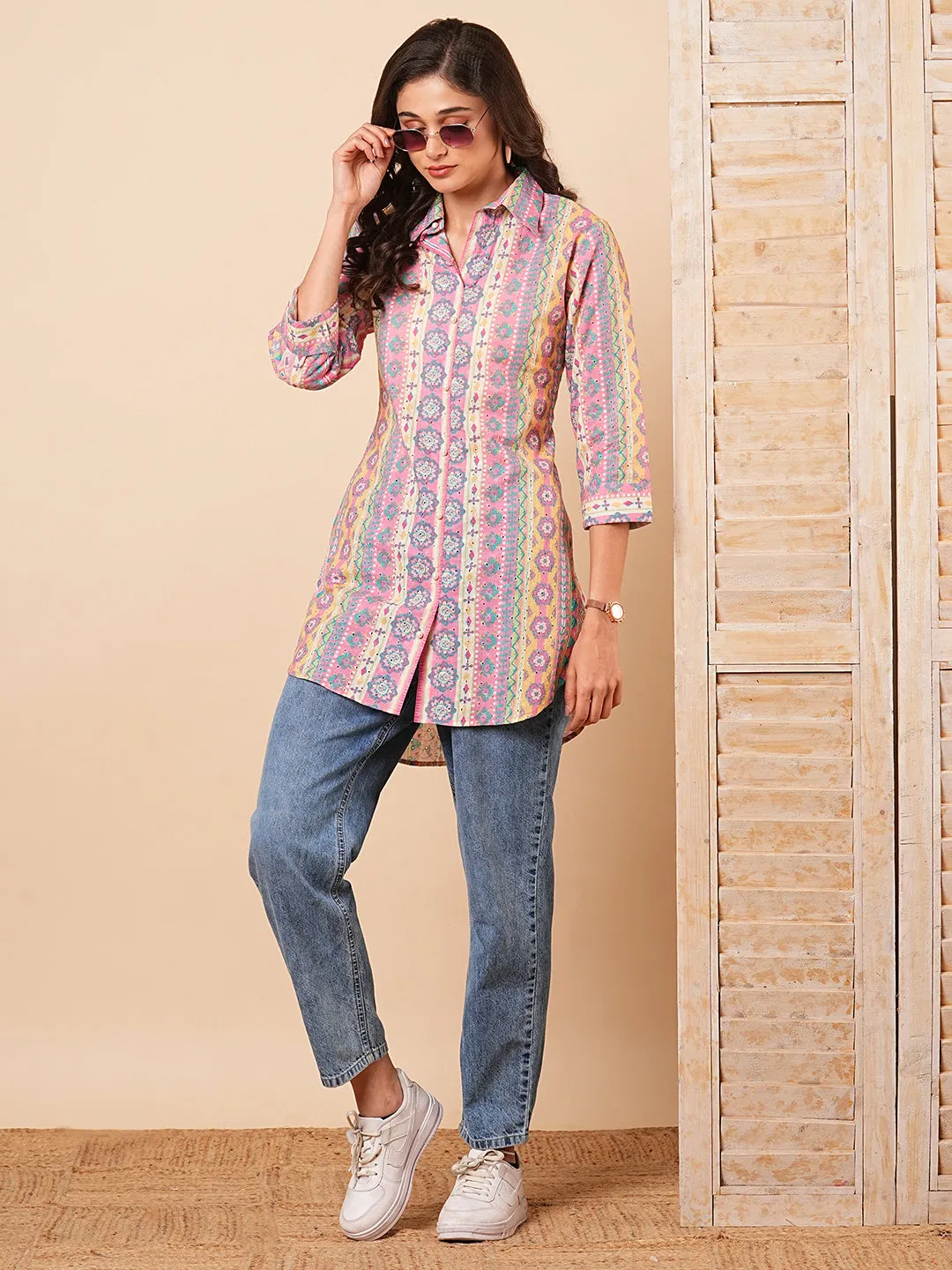 Abstract Floral Striped Printed Schiffli Straight Fit Kurti - Multi