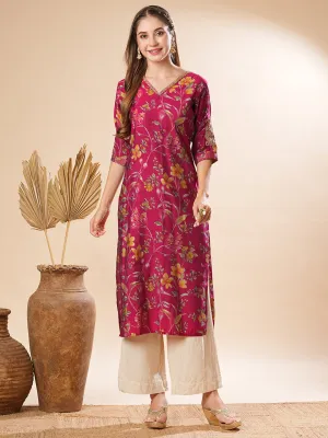 Abstract Foil Floral Printed & Zari Embroidered Straight Fit Kurta - Magenta