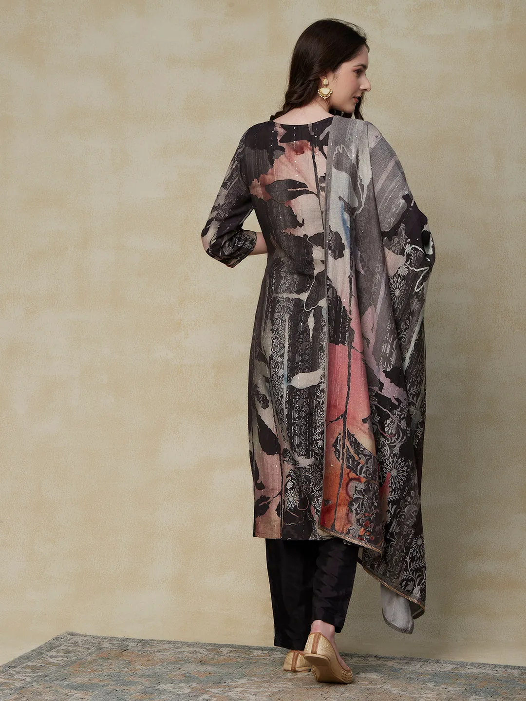 Abstract Printed Mirror & Beads Embroidered Kurta with Pants & Dupatta - Charcoal