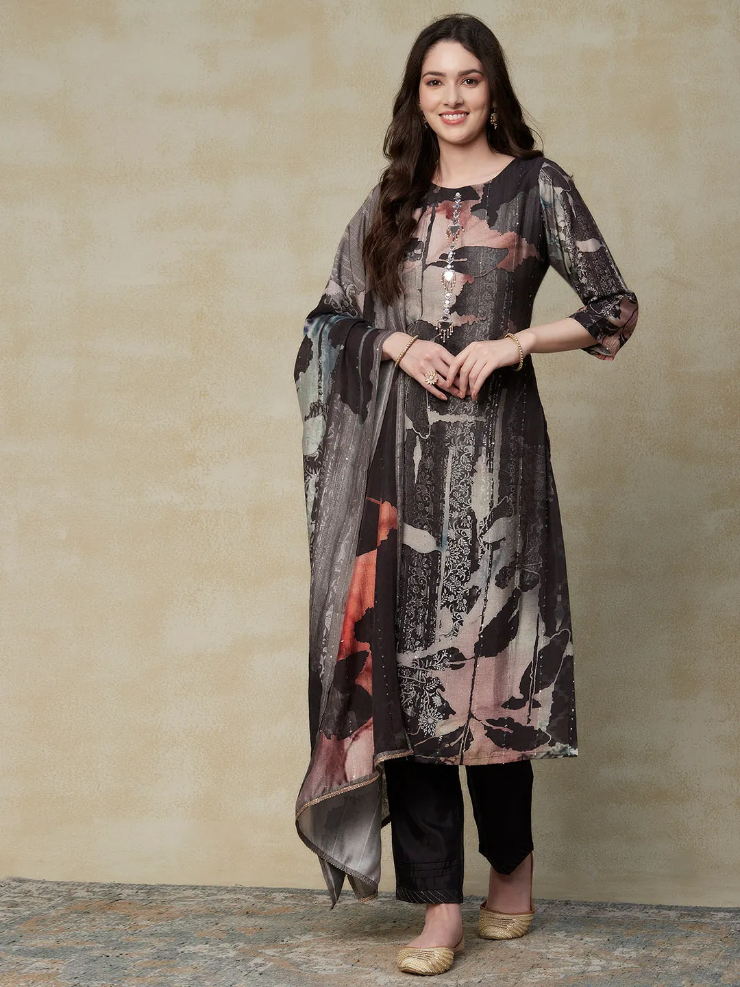 Abstract Printed Mirror & Beads Embroidered Kurta with Pants & Dupatta - Charcoal