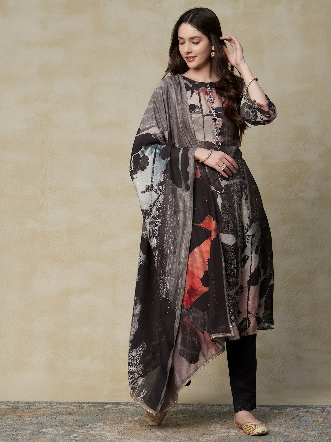 Abstract Printed Mirror & Beads Embroidered Kurta with Pants & Dupatta - Charcoal