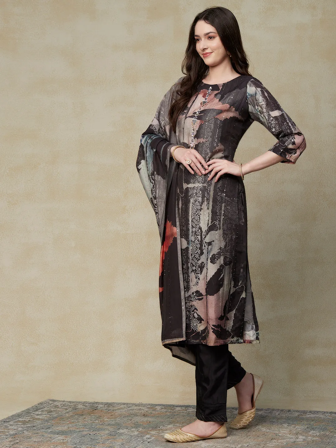 Abstract Printed Mirror & Beads Embroidered Kurta with Pants & Dupatta - Charcoal