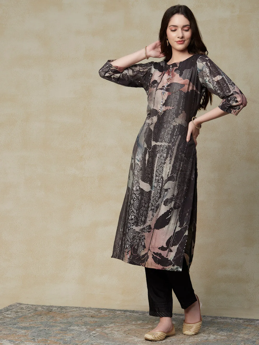 Abstract Printed Mirror & Beads Embroidered Kurta with Pants & Dupatta - Charcoal