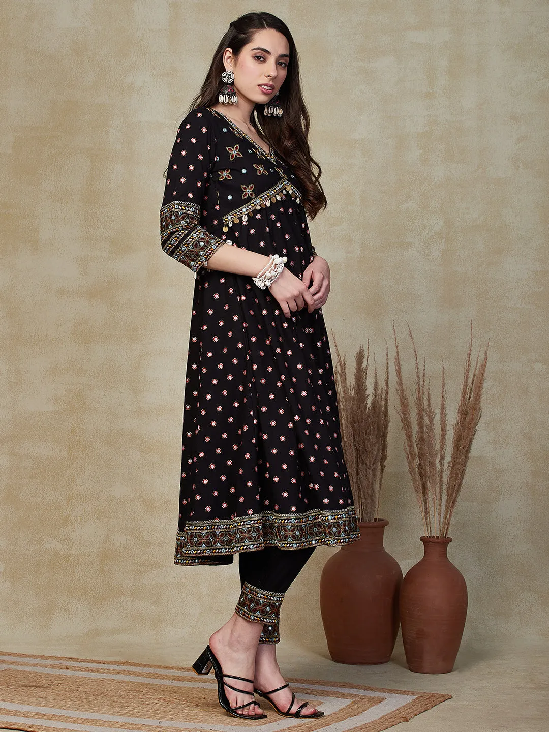 Abstract Printed Mirror & Resham Embroidered Anarkali Kurta with Pants - Black