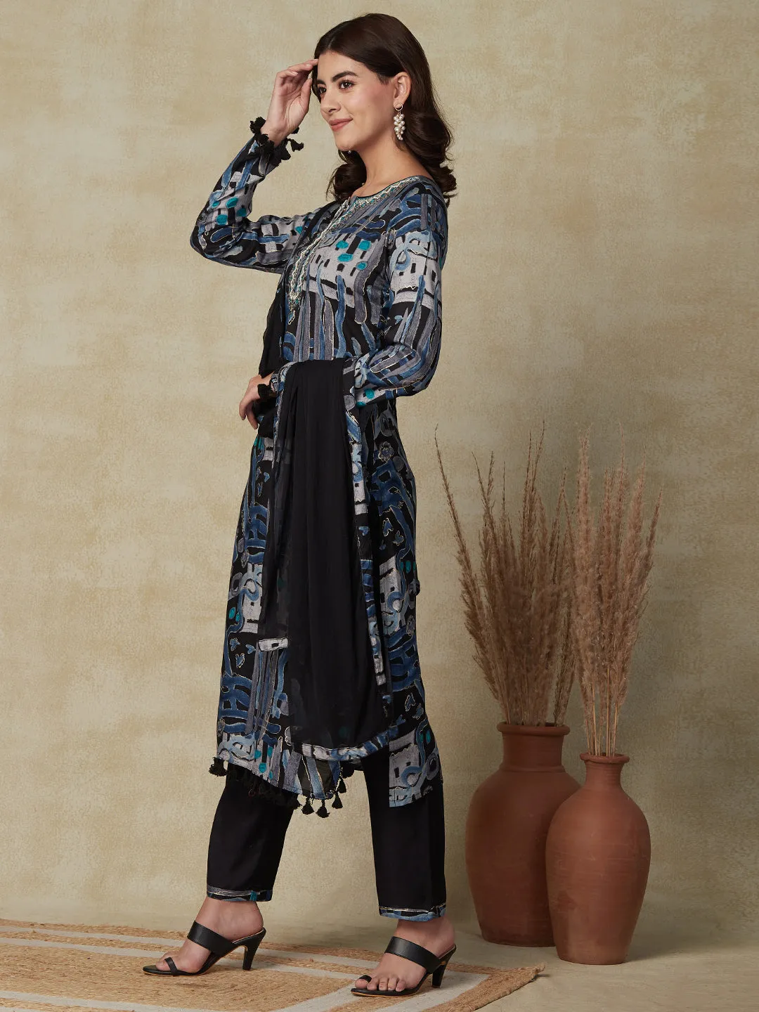 Abstract Printed Mirror, Gotapatti & Beads Embroidered Kurta with Pants & Dupatta - Blue