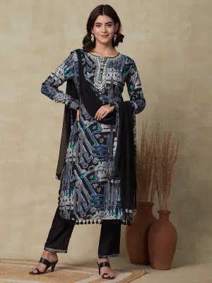 Abstract Printed Mirror, Gotapatti & Beads Embroidered Kurta with Pants & Dupatta - Blue