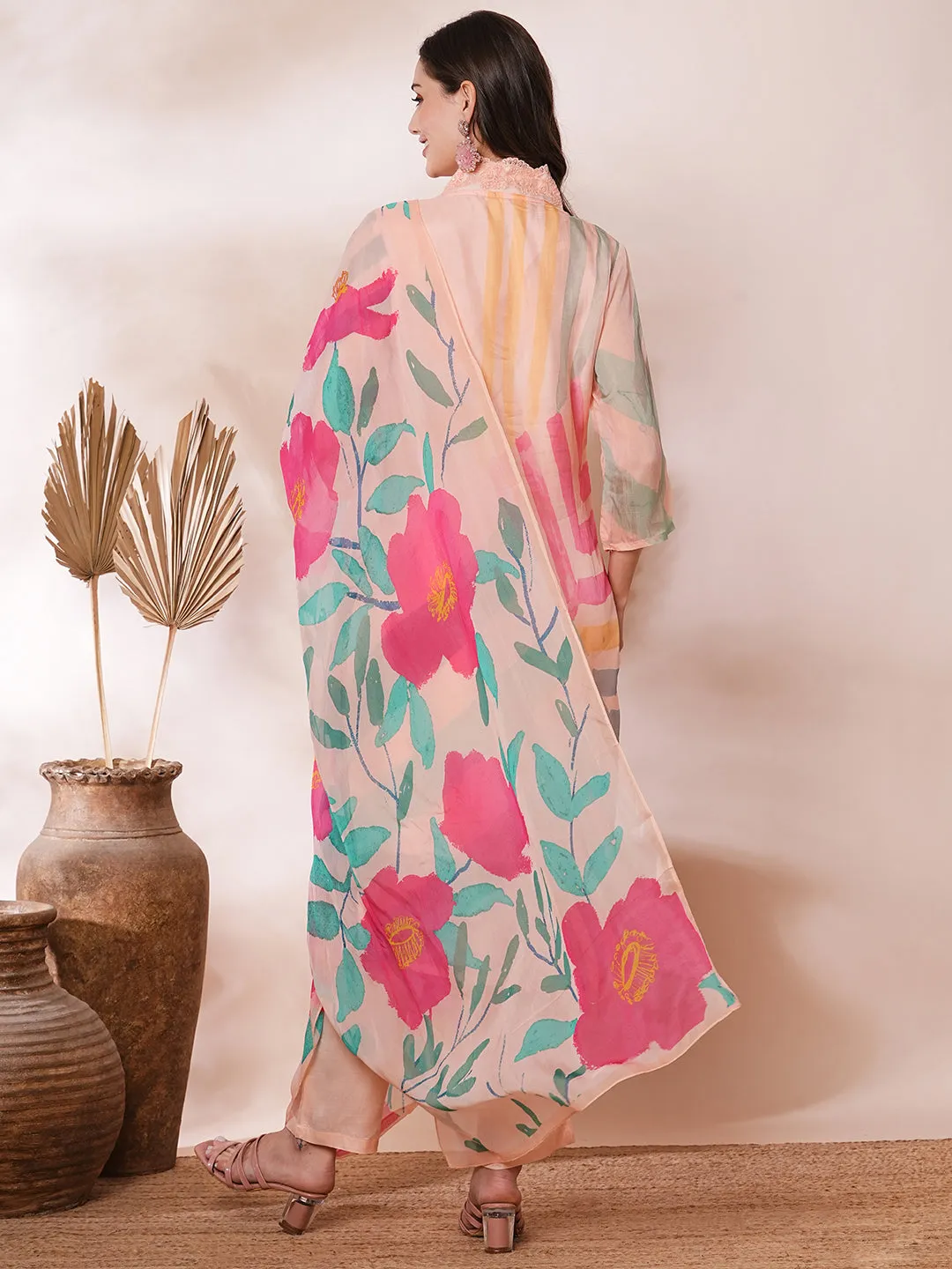 Abstract Printed Straight Fit Kurta with Pant and Printed Dupatta - Peach