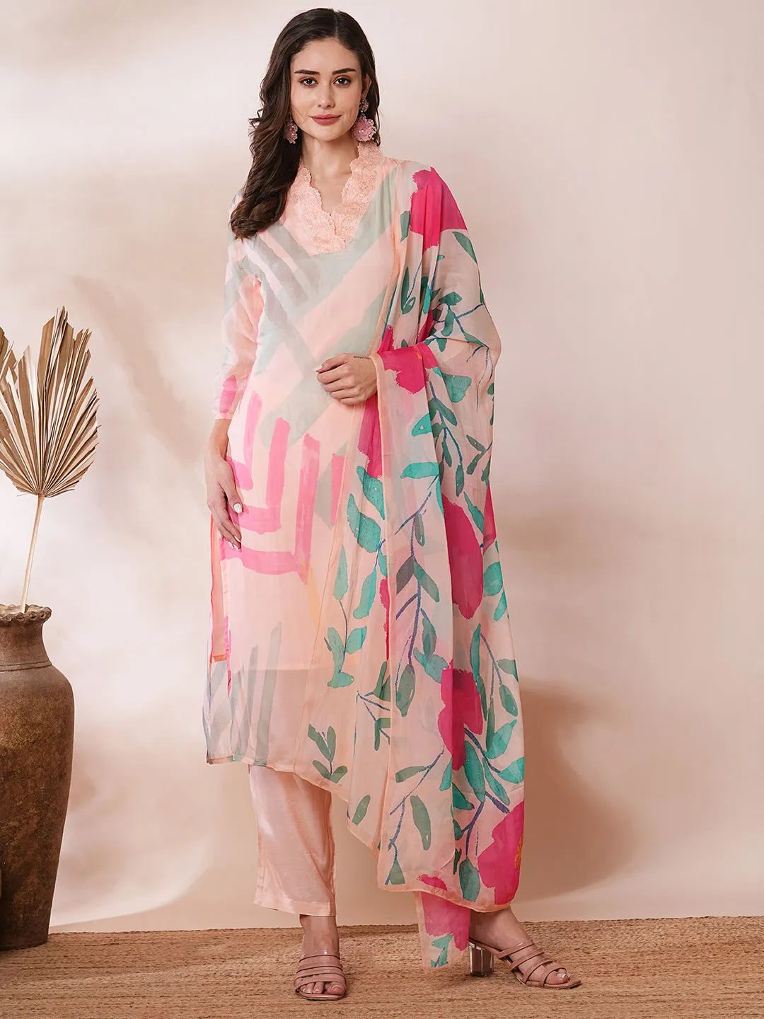 Abstract Printed Straight Fit Kurta with Pant and Printed Dupatta - Peach