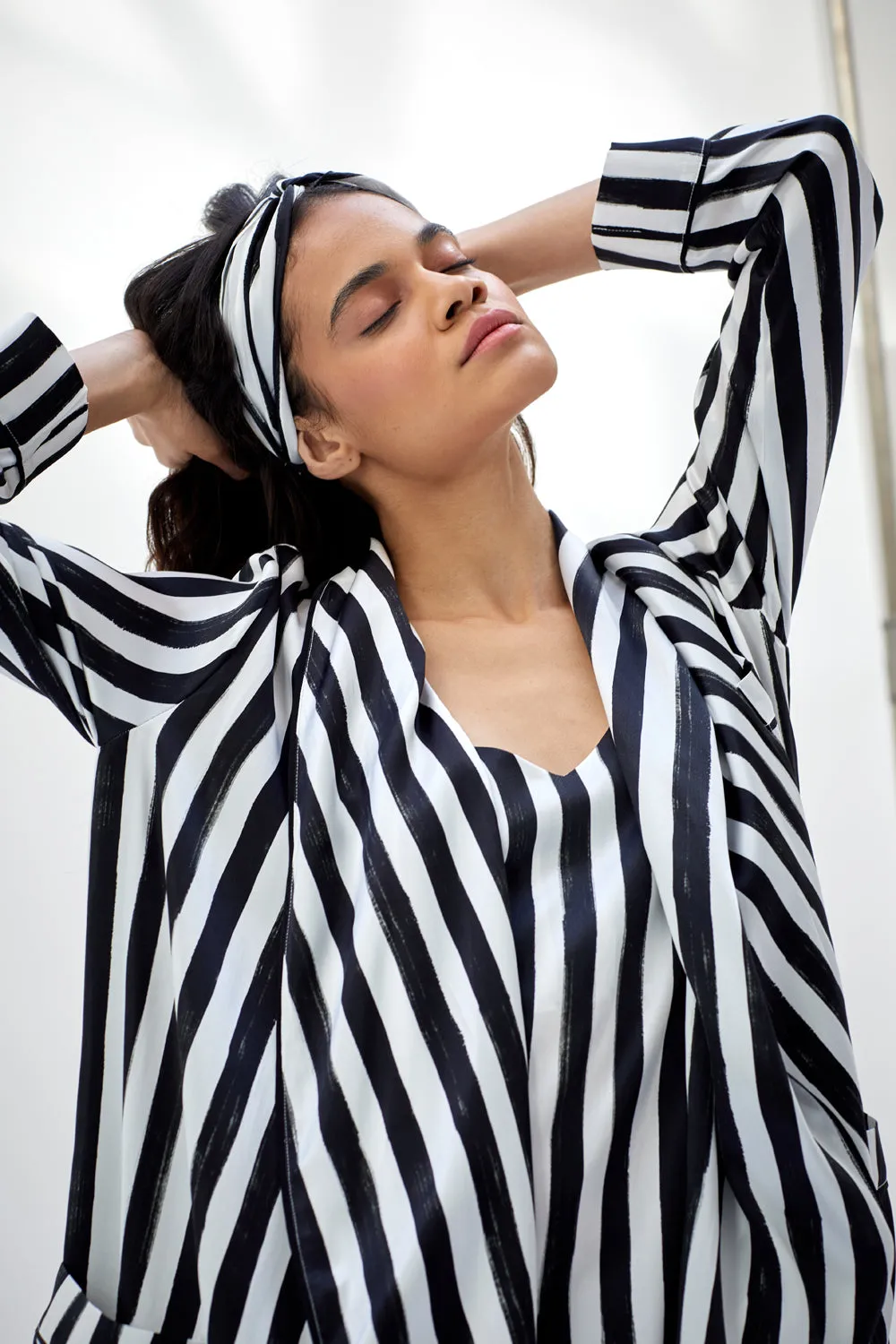 Ainsley Classic Long Black Stripe Print Silk Robe