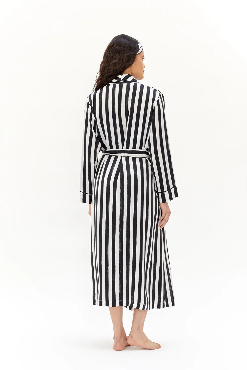 Ainsley Classic Long Black Stripe Print Silk Robe