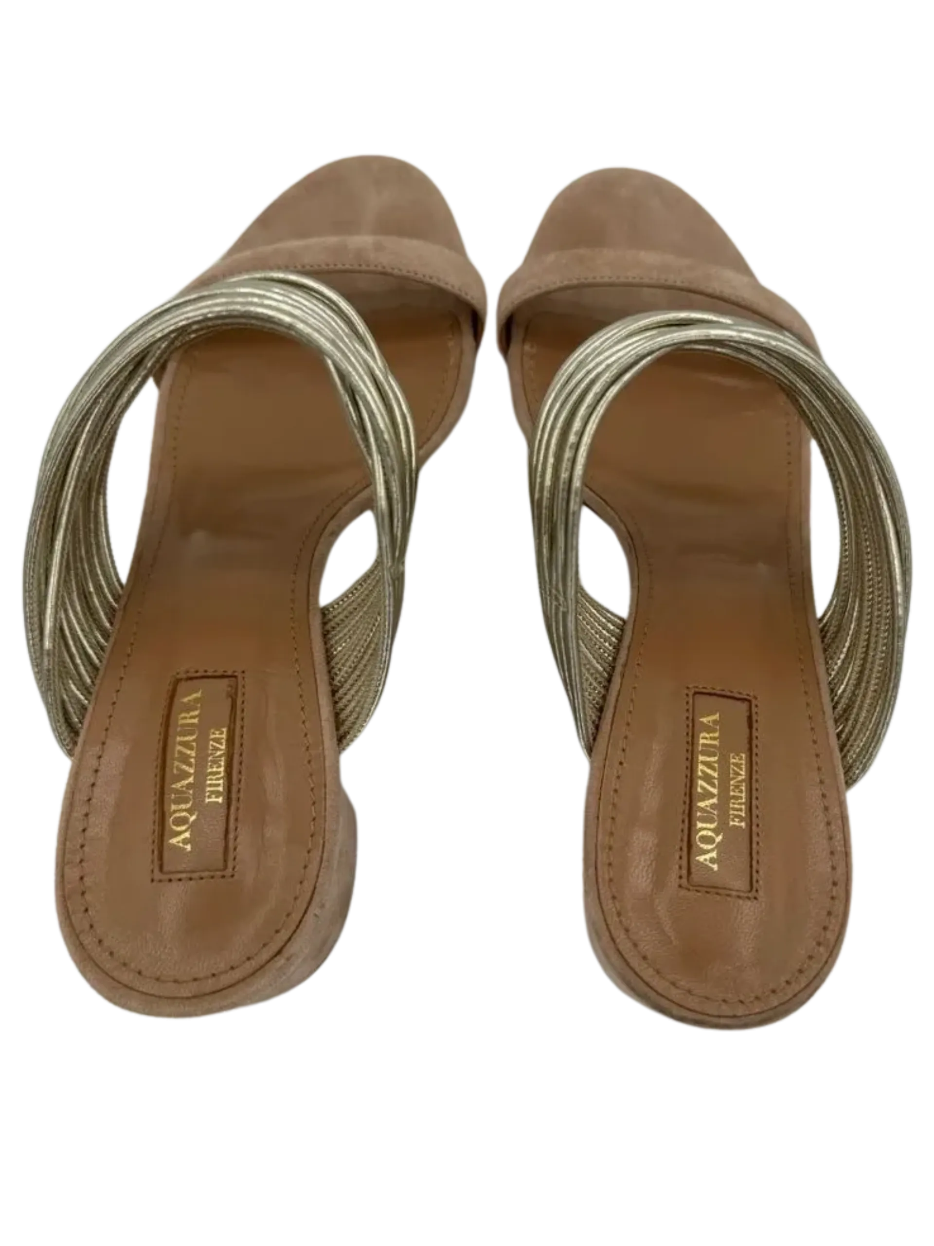 Aquazzura Taupe/Silver Suede And Leather Rendez Vous 50 Slide Sandals