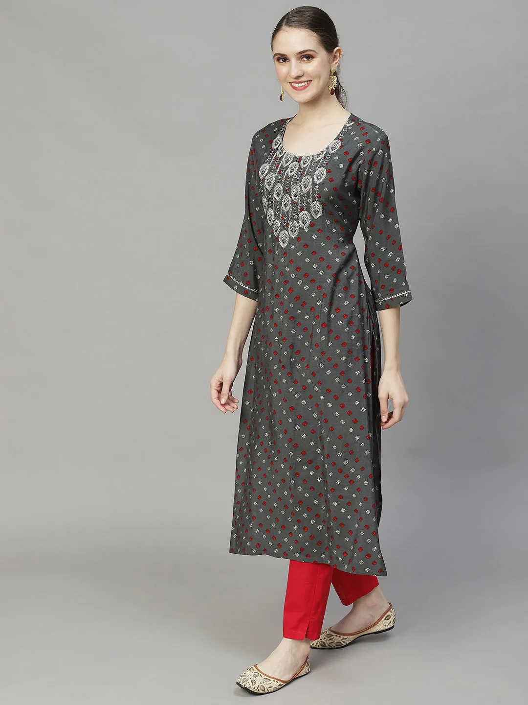 Bandhani Printed & Embroidered Straight Fit Kurta – Grey