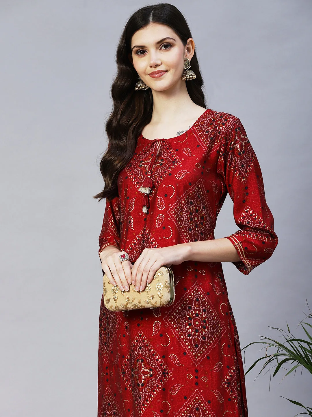 Bandhani Printed Straight Fit Kurta with Pant - Maroon