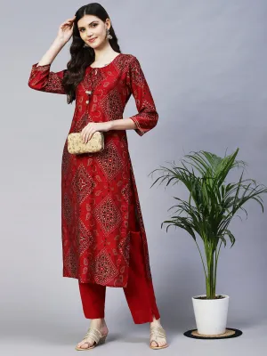 Bandhani Printed Straight Fit Kurta with Pant - Maroon