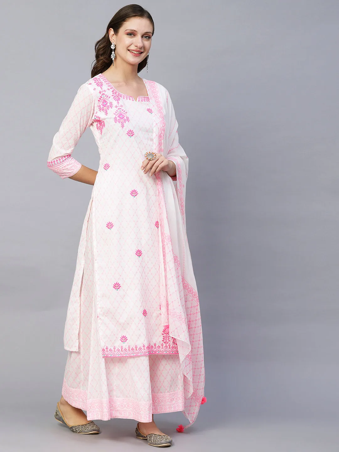 Barfi Jaal Khari Printed Resham & Sequins Embroidered Kurta With Palazzo & Dupatta - White & Pink