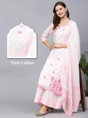 Barfi Jaal Khari Printed Resham & Sequins Embroidered Kurta With Palazzo & Dupatta - White & Pink