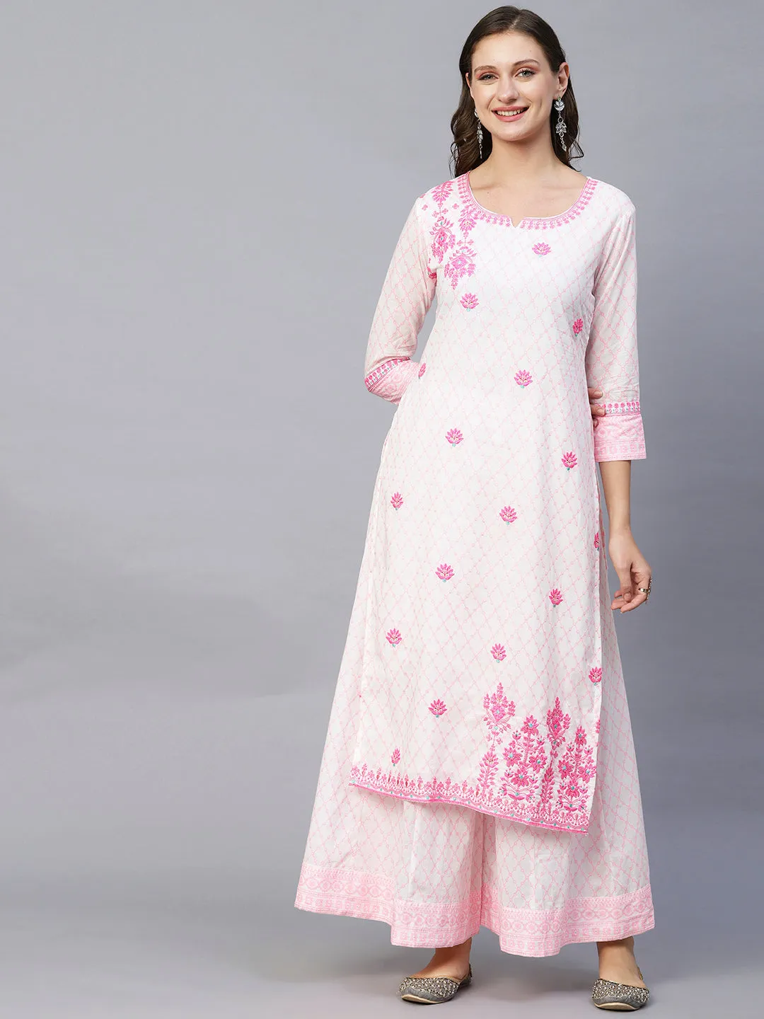 Barfi Jaal Khari Printed Resham & Sequins Embroidered Kurta With Palazzo & Dupatta - White & Pink