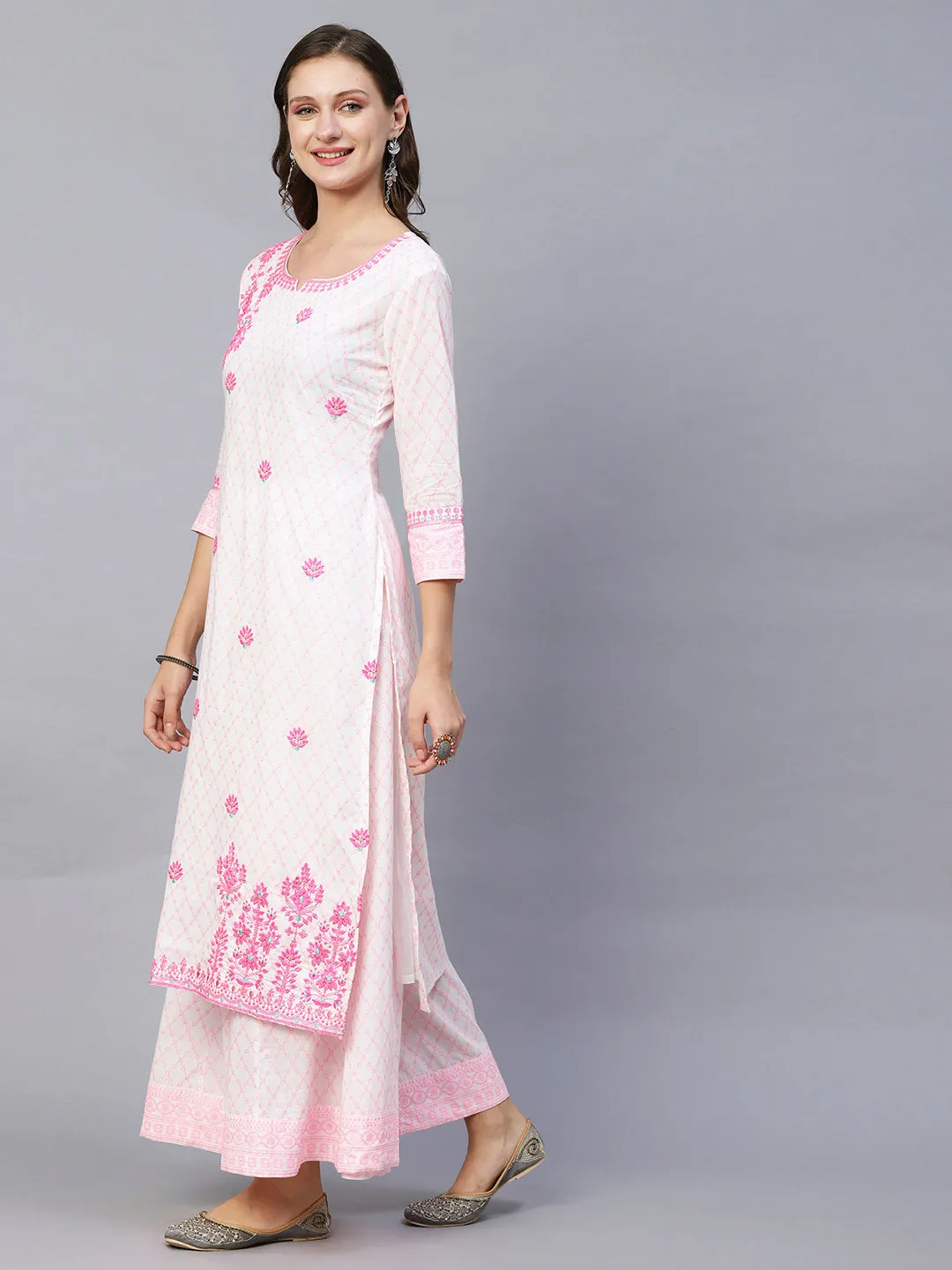 Barfi Jaal Khari Printed Resham & Sequins Embroidered Kurta With Palazzo & Dupatta - White & Pink