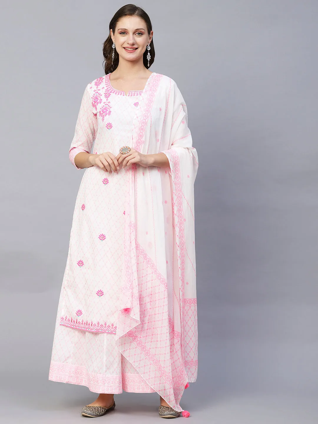 Barfi Jaal Khari Printed Resham & Sequins Embroidered Kurta With Palazzo & Dupatta - White & Pink