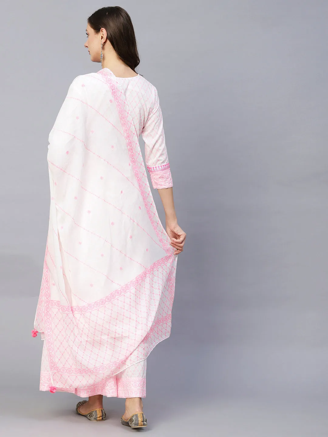 Barfi Jaal Khari Printed Resham & Sequins Embroidered Kurta With Palazzo & Dupatta - White & Pink