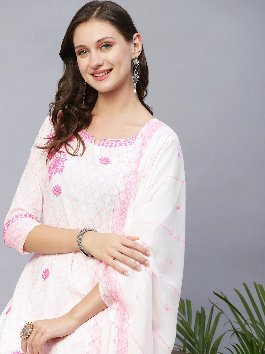 Barfi Jaal Khari Printed Resham & Sequins Embroidered Kurta With Palazzo & Dupatta - White & Pink