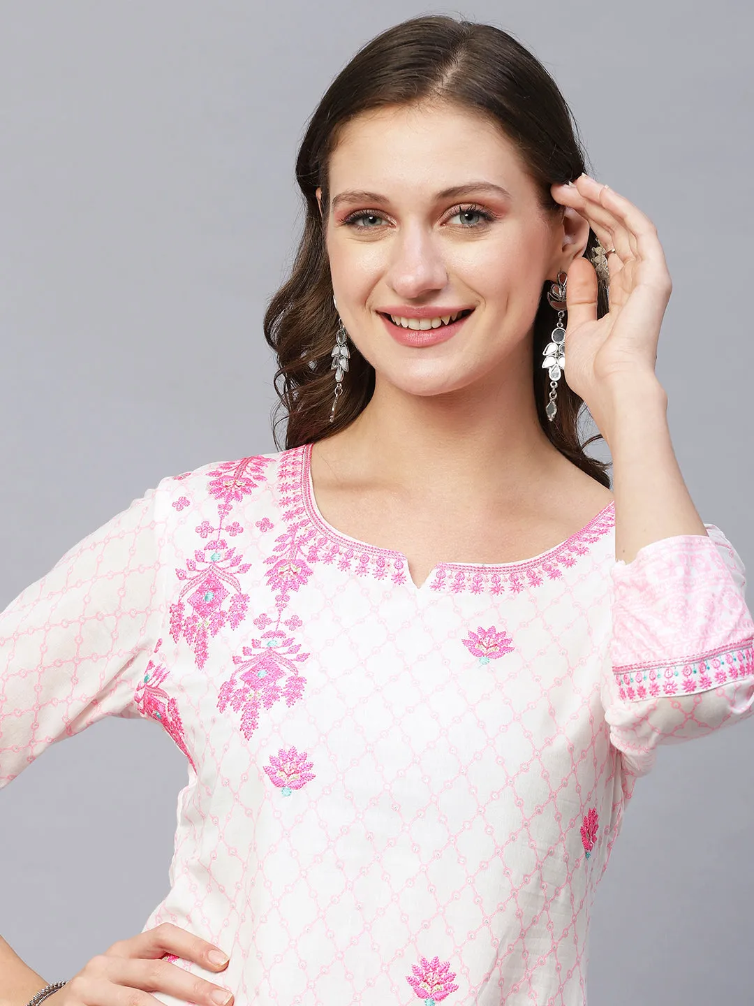 Barfi Jaal Khari Printed Resham & Sequins Embroidered Kurta With Palazzo & Dupatta - White & Pink