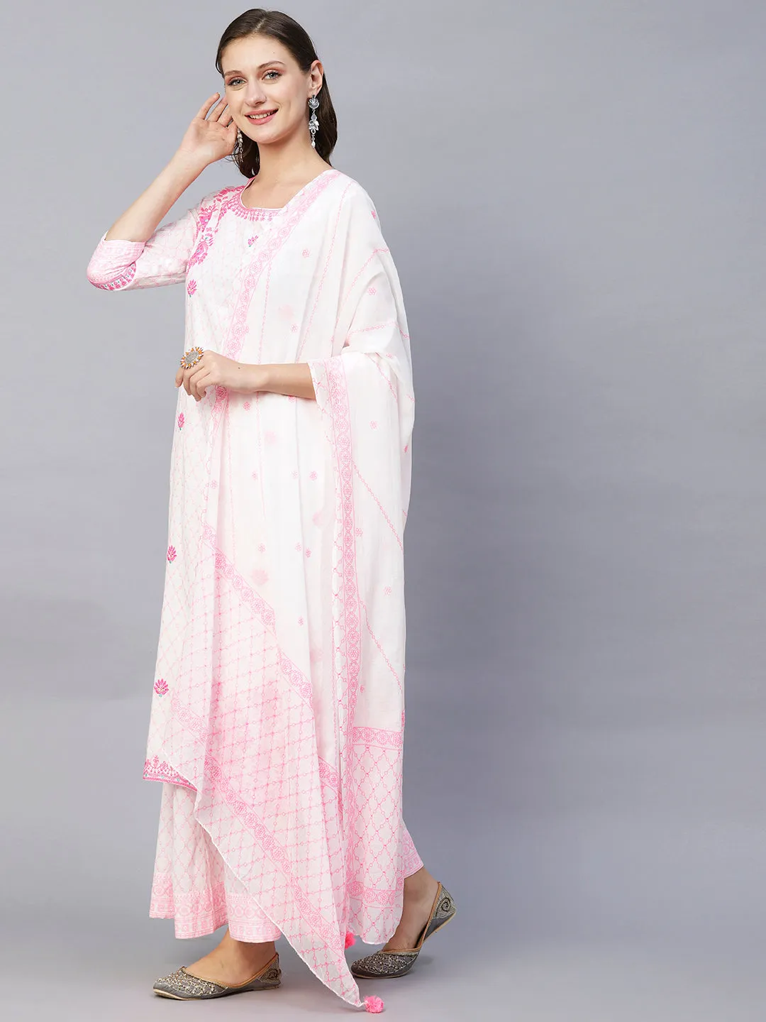 Barfi Jaal Khari Printed Resham & Sequins Embroidered Kurta With Palazzo & Dupatta - White & Pink