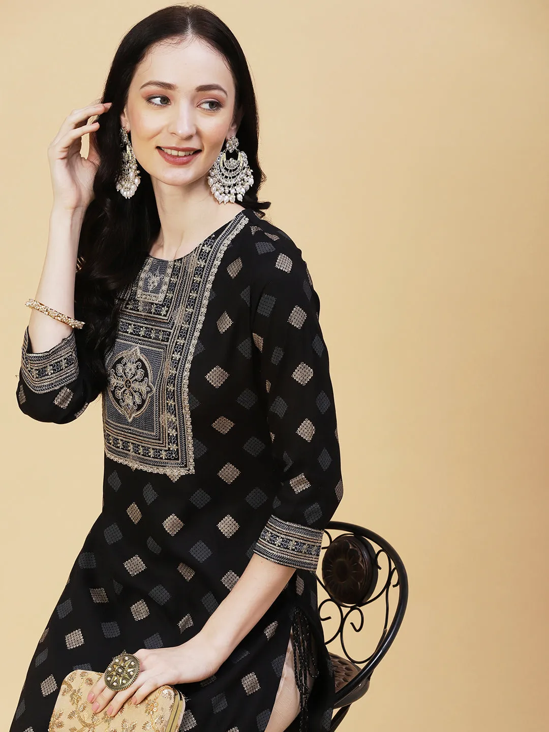 Barfi Printed Resham & Sequins Embroidered Tasseled Kurta - Black