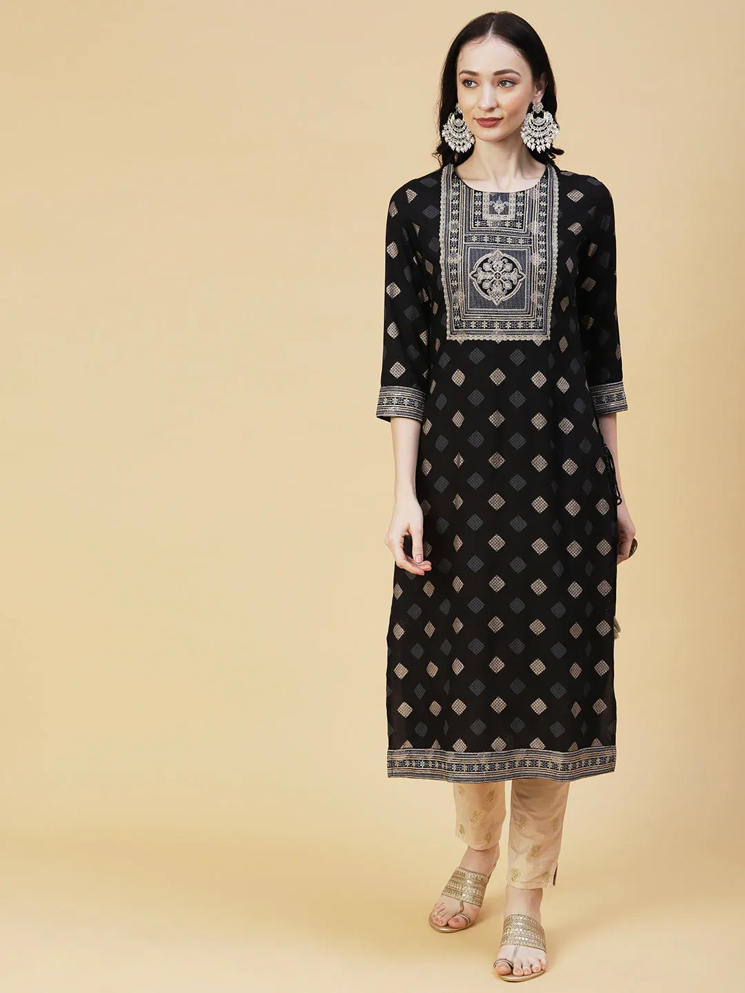 Barfi Printed Resham & Sequins Embroidered Tasseled Kurta - Black