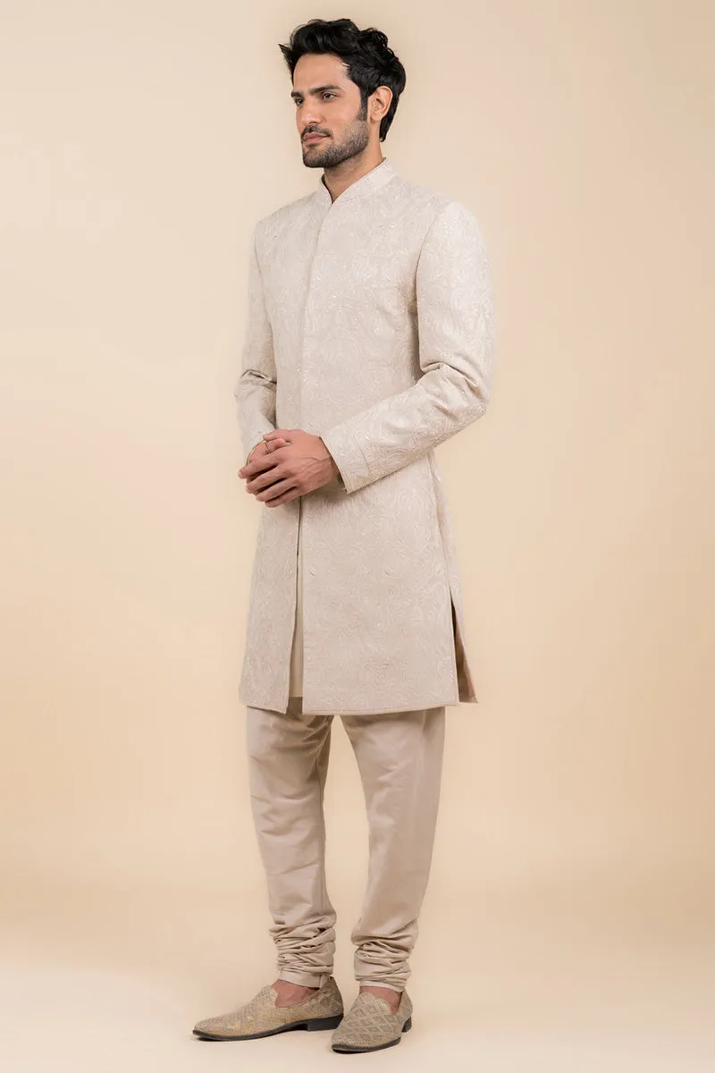 Beige Sherwani With All Over Pearls Detailing