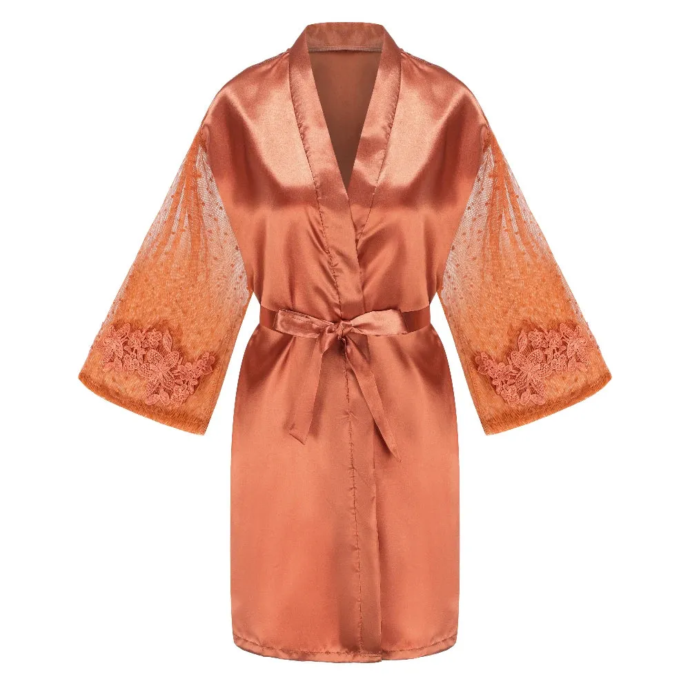 Caramel Wedding Bride Bridesmaid Robes Dressing Gown Women Bathrobe Night Shirts Short Women Kimono Mesh Sleeve