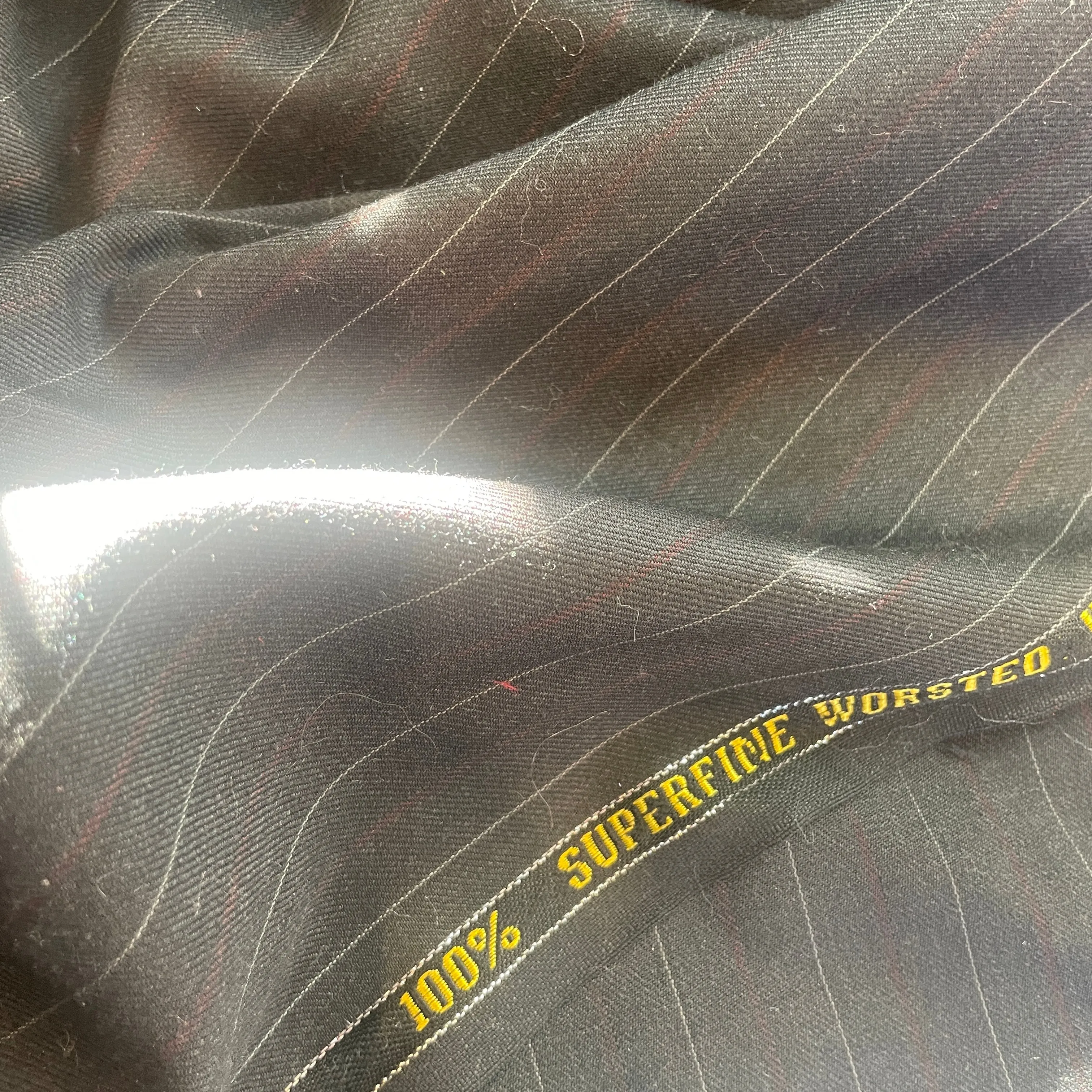 Charcoal burgundy pin stripe 100% superfine worsted wool suiting