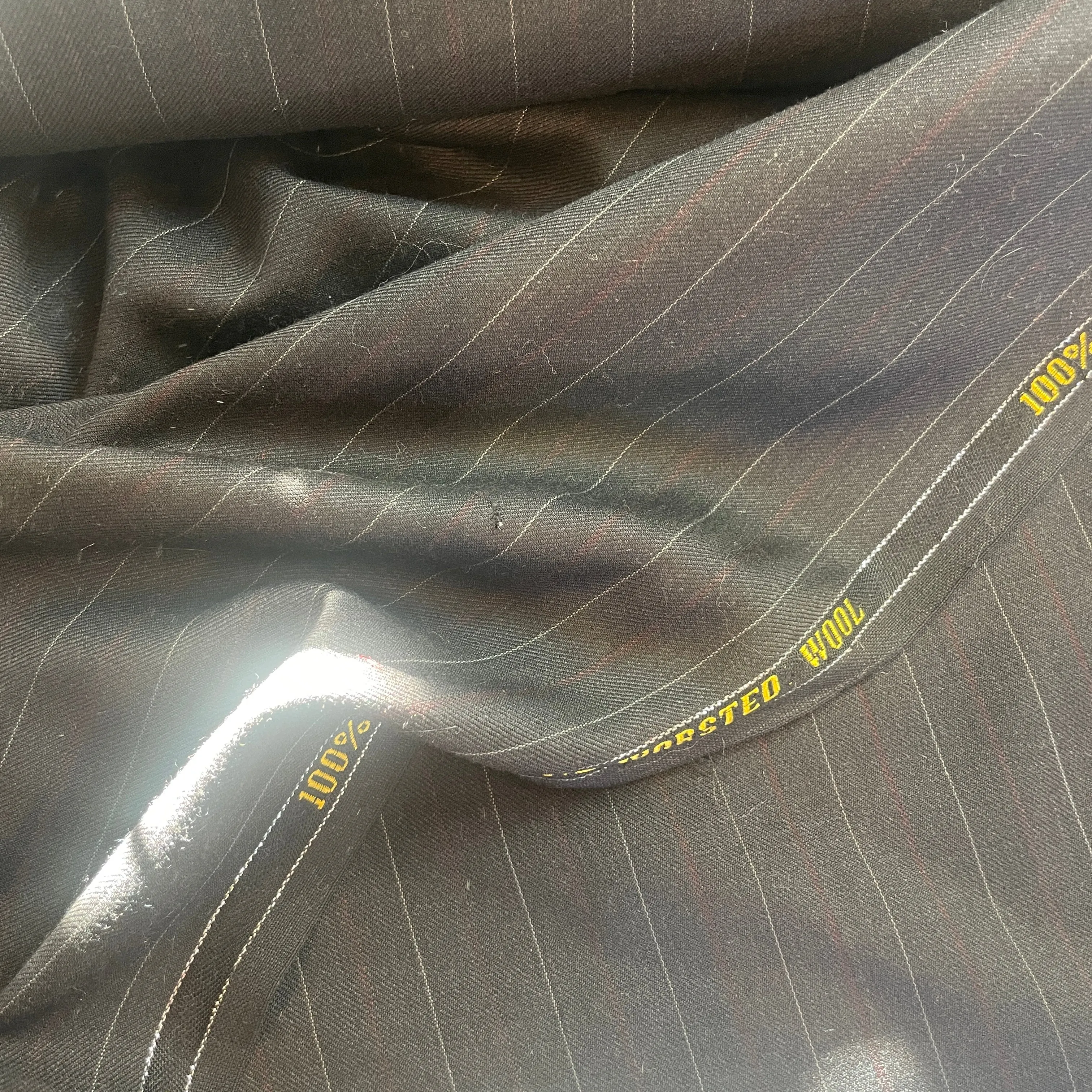 Charcoal burgundy pin stripe 100% superfine worsted wool suiting