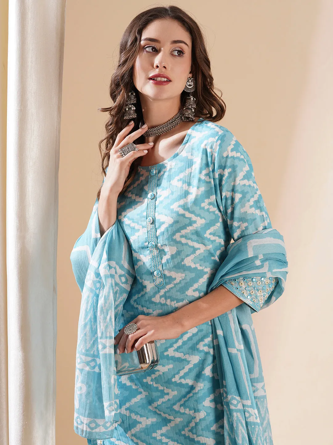 Chevron Printed Mirror Embroidered Kurta with Pants & Dupatta - Sky Blue