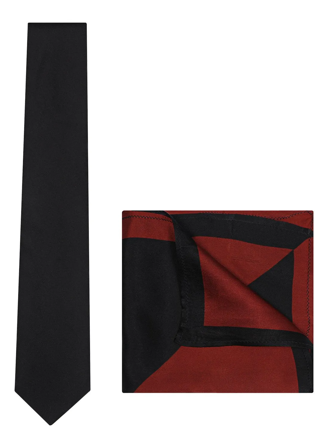 Chokore Black color Plain Silk Tie & Two-in-one Red & Black silk pocket square set