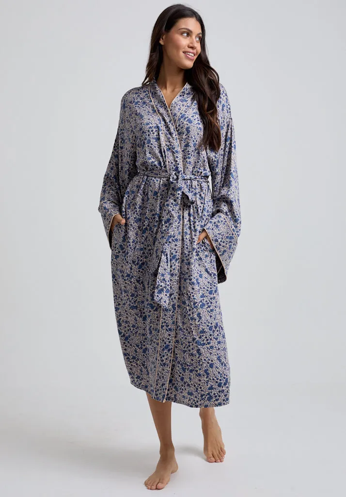 Corina Kimono Style Aster Print Robe In Blue